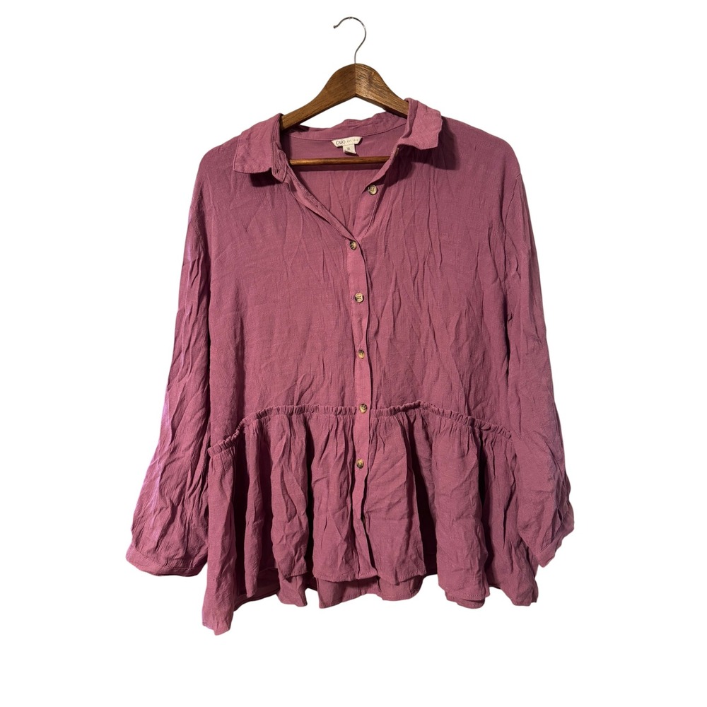 Cato Peplum Button Up Blouse Womens XL Plum Purple Excellent Long Sleeve Top